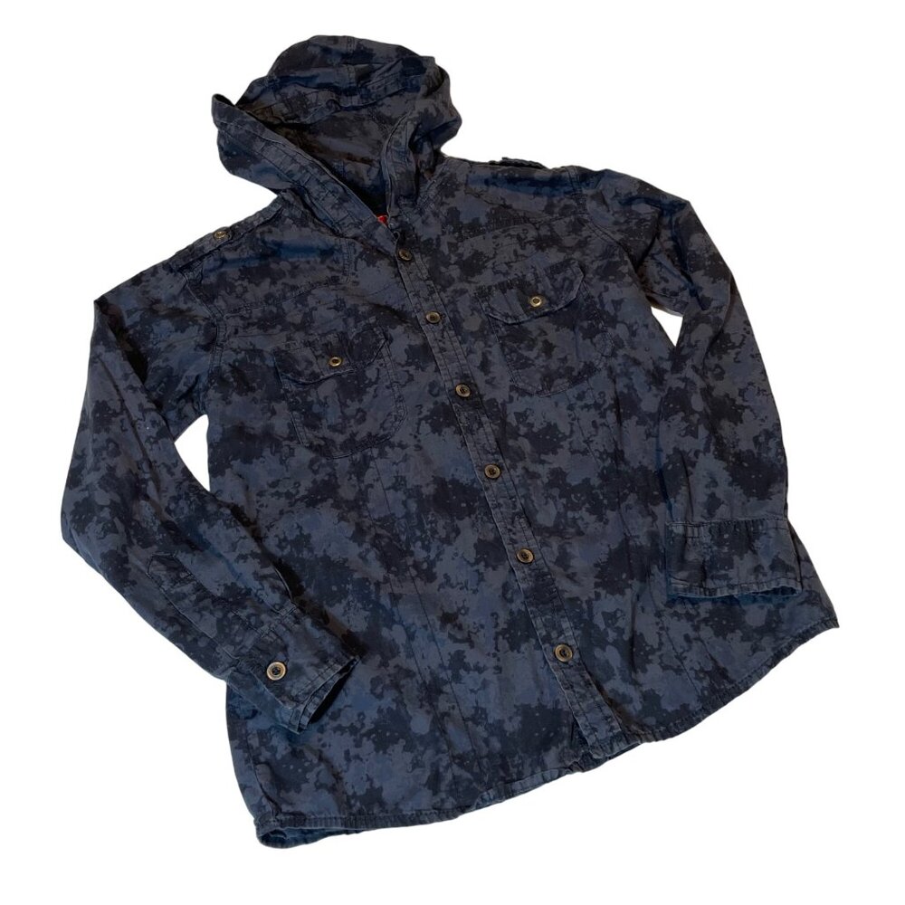 Black Jack Kids Hooded Button-Up Shirt Camo Print L (10/12) 100% Cotton Blue - Picture 2 of 7